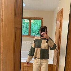 Z Supply Green and Cream Crew Neck Sweater with Color Block Design